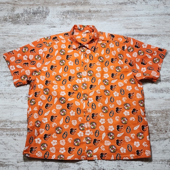 Mens Baltimore Orioles Hawaiian Button Shirt Size XL Orange - Picture 1 of 8